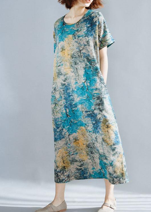 Italian Blue Prints Linen Robes Short Sleeve Dresses Summer Dresses
