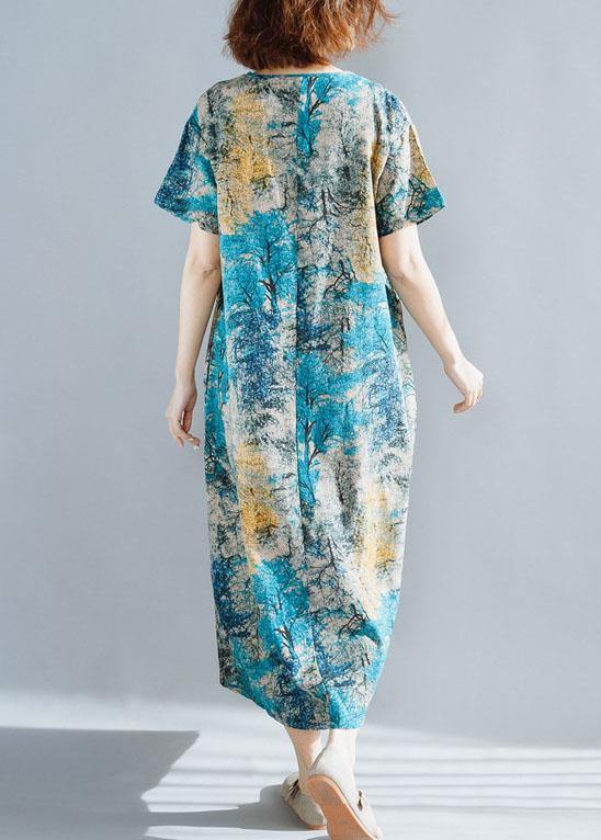 Italian Blue Prints Linen Robes Short Sleeve Dresses Summer Dresses