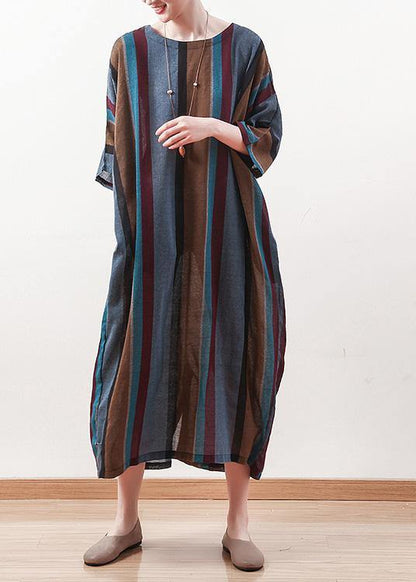 Italian Blue Striped Linen Cotton Robes O Neck Batwing Sleeve Art Spring Dresses