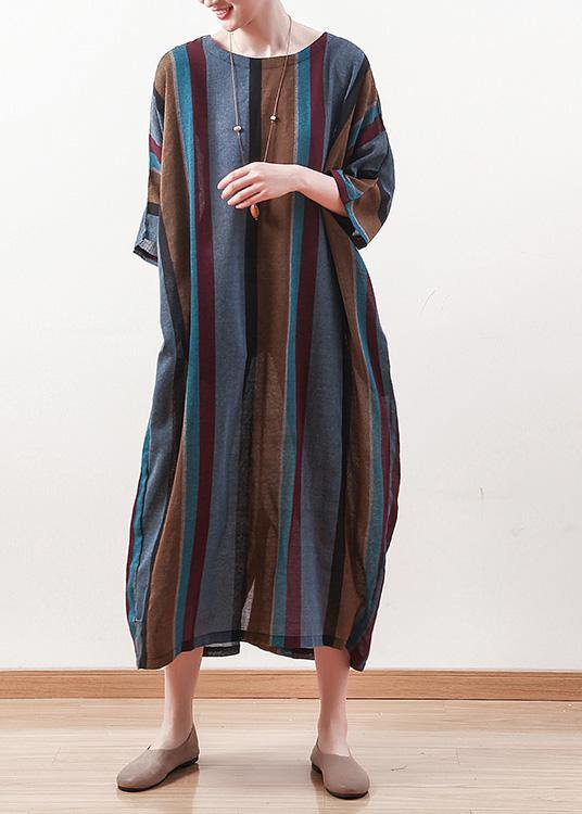 Italian Blue Striped Linen Cotton Robes O Neck Batwing Sleeve Art Spring Dresses