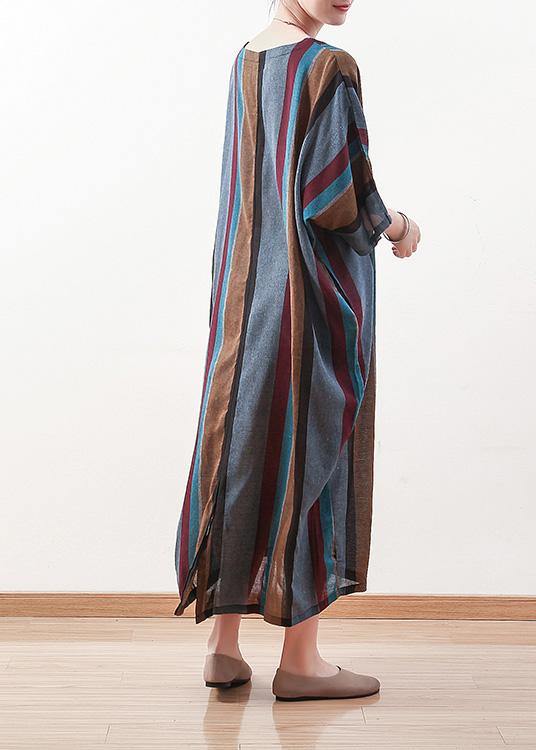 Italian Blue Striped Linen Cotton Robes O Neck Batwing Sleeve Art Spring Dresses
