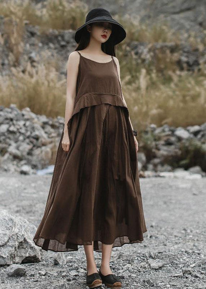 Italian Brown Linen Clothes Sleeveless Long Summer Dresses