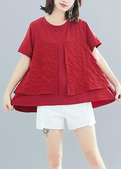 Italian Burgundy Cotton Clothes for Fitted Sewing O Neck Patchwork Art Summer Tops