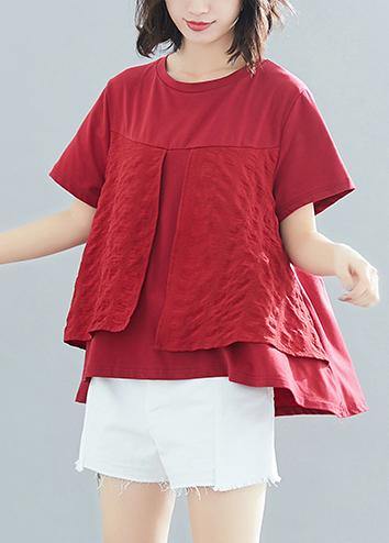 Italian Burgundy Cotton Clothes for Fitted Sewing O Neck Patchwork Art Summer Tops