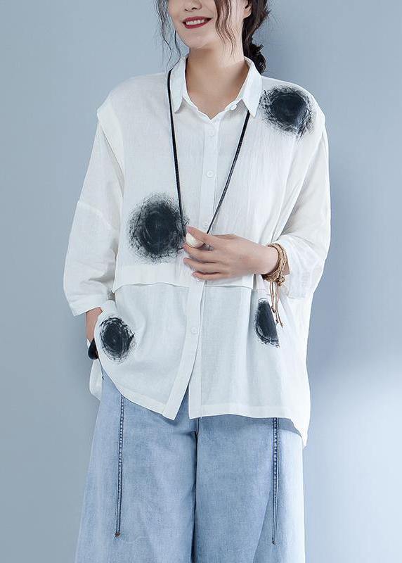 Italian Cotton Linen Blouse Polo Collar Short Sleeve Spliced Blouse