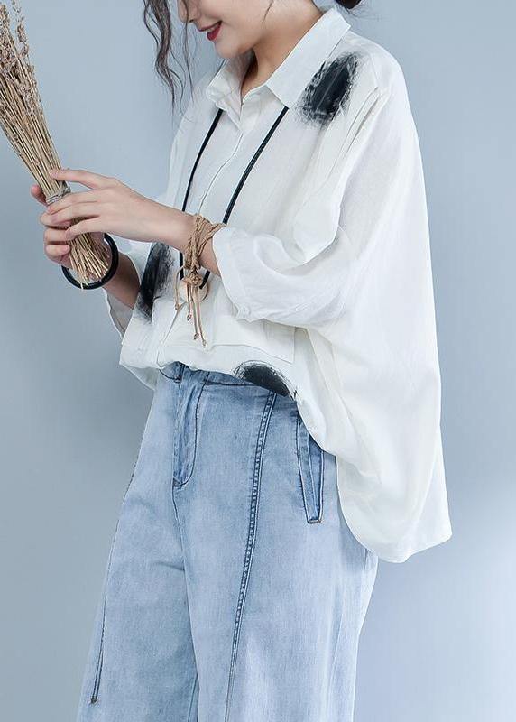 Italian Cotton Linen Blouse Polo Collar Short Sleeve Spliced Blouse