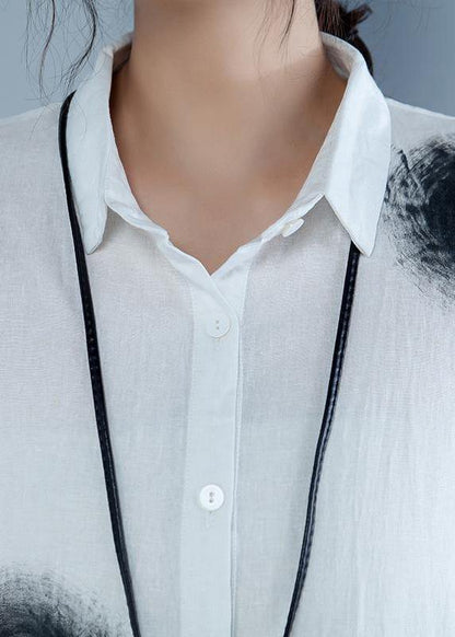 Italian Cotton Linen Blouse Polo Collar Short Sleeve Spliced Blouse