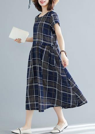 Italian Drawstring Cotton Dresses Work Outfits Blue Plaid Dresses Summer