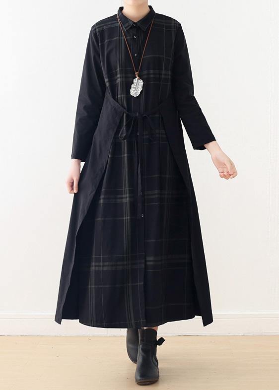 Italian Drawstring Cotton Quilting Clothes Shirts Black Plaid a Line Dresses False Two Pieces