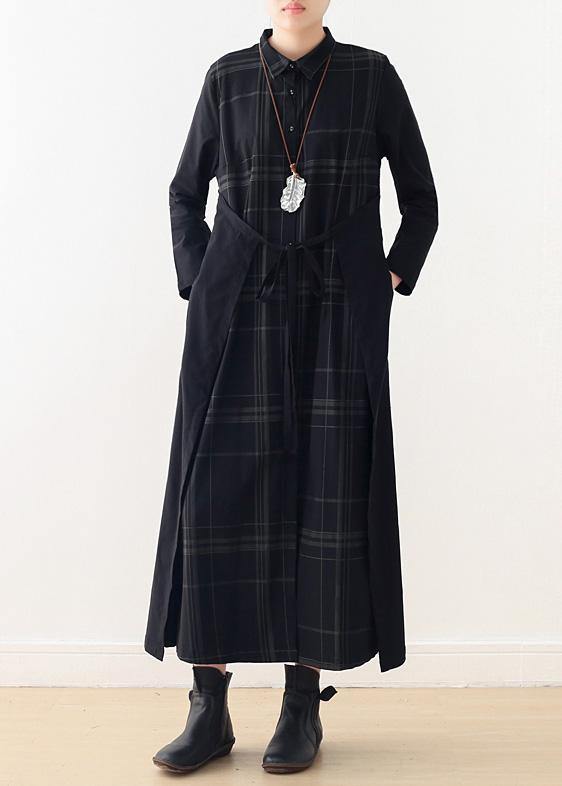 Italian Drawstring Cotton Quilting Clothes Shirts Black Plaid a Line Dresses False Two Pieces