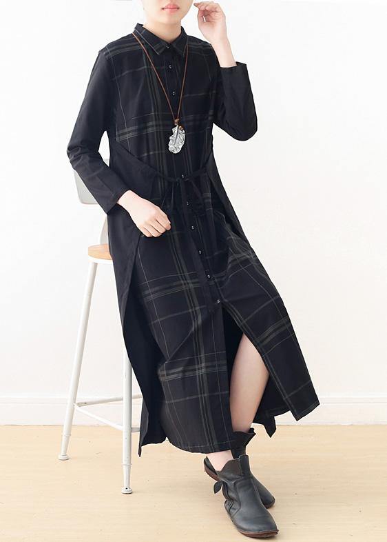 Italian Drawstring Cotton Quilting Clothes Shirts Black Plaid a Line Dresses False Two Pieces