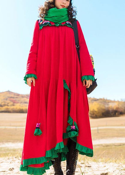 Italian Embroidery Cotton Ruffles Tunic Runway Red Robe Dresses