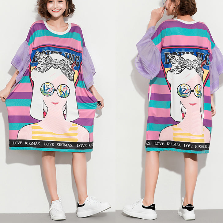 Italian Flare Sleeve Cotton Clothes for Organic Outfits Purple Striped Baggy Dresses Summer