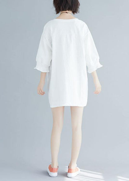 Italian Flare Sleeve Cotton Clothes Work Outfits White O Neck Dress Summer
