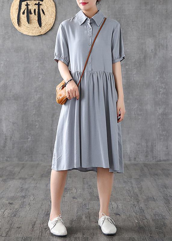 Italian Gray Quilting Dresses Lapel Cinched Art Dresses