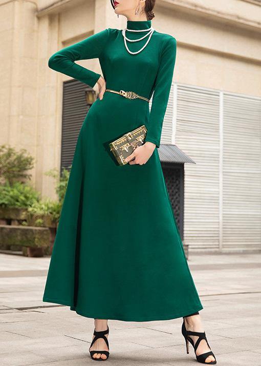 Italian Green Cotton Dresses Zippered Maxi High Neck Dress