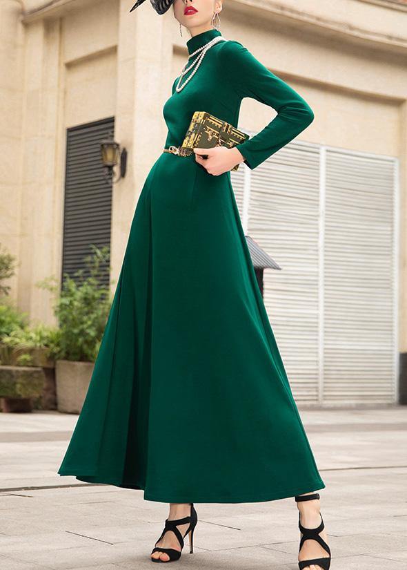 Italian Green Cotton Dresses Zippered Maxi High Neck Dress