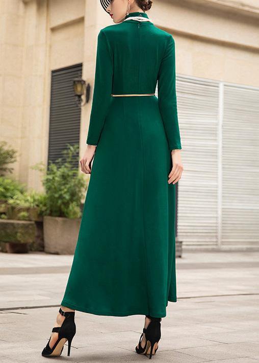 Italian Green Cotton Dresses Zippered Maxi High Neck Dress