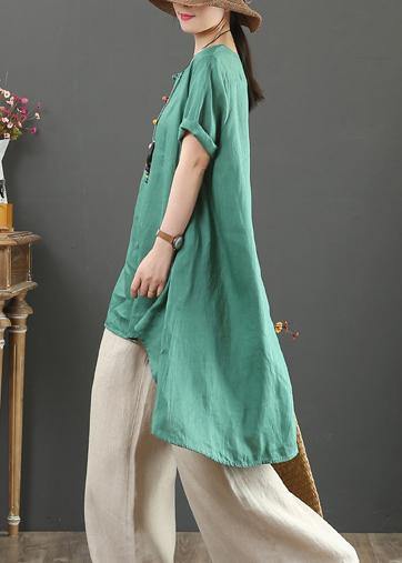 Italian Green Linen Top O Neck Asymmetric Baggy Summer Shirts