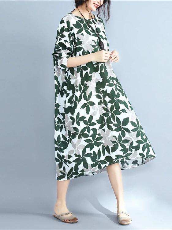Italian Green Print Cotton Clothes for O Neck Long Sleeve Maxi Dress