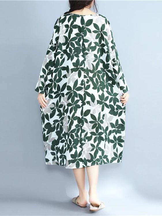 Italian Green Print Cotton Clothes for O Neck Long Sleeve Maxi Dress