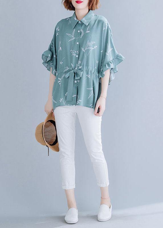 Italian Green Prints Chiffon Clothes for Drawstring Loose Summer Top