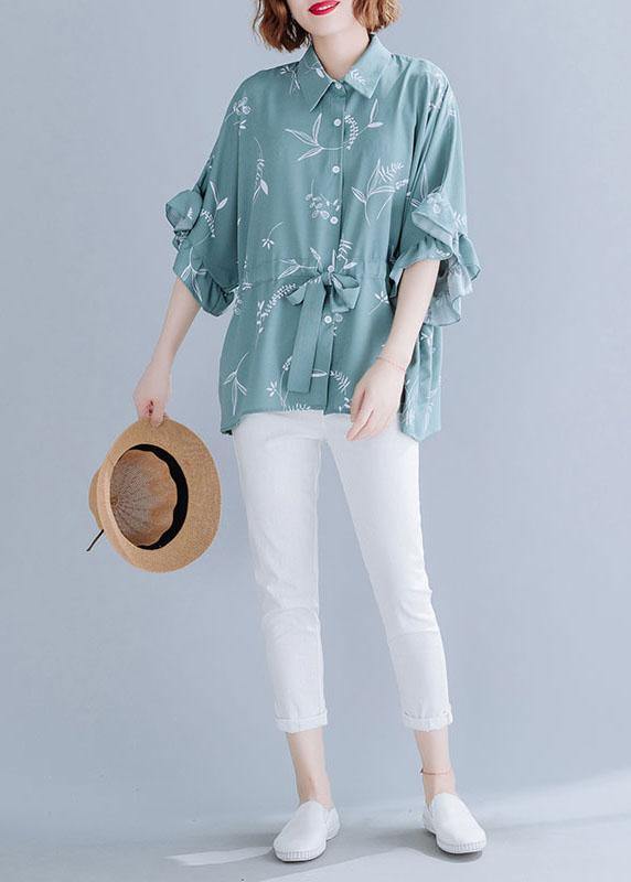 Italian Green Prints Chiffon Clothes for Drawstring Loose Summer Top