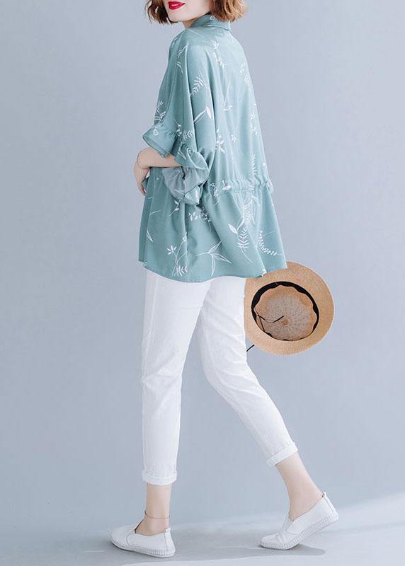 Italian Green Prints Chiffon Clothes for Drawstring Loose Summer Top