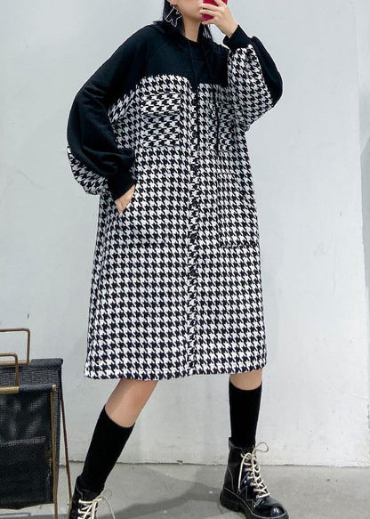 Italian Hooded Cotton Plaid Tunic Dress Inspiration Black Cotton Robes Dresses