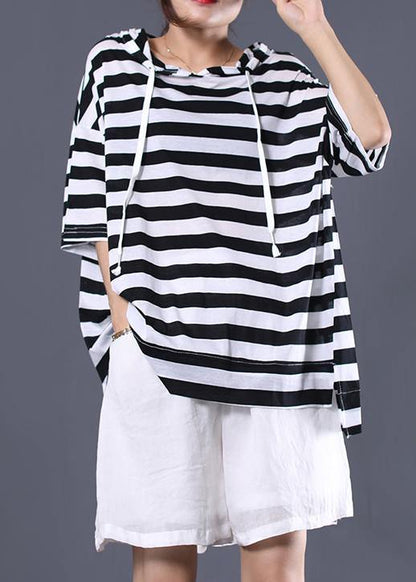 Italian Hooded Cotton Top Silhouette Outfits Black White Striped Shirt Summer