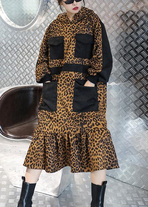 Italian Hooded Pockets Clothes for Neckline Leopard Dresses