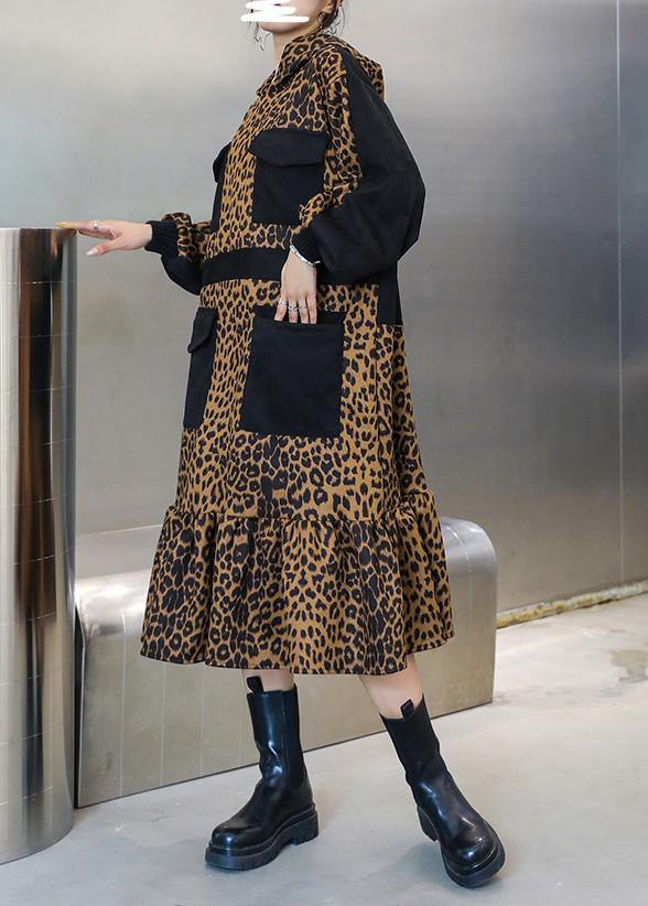 Italian Hooded Pockets Clothes for Neckline Leopard Dresses