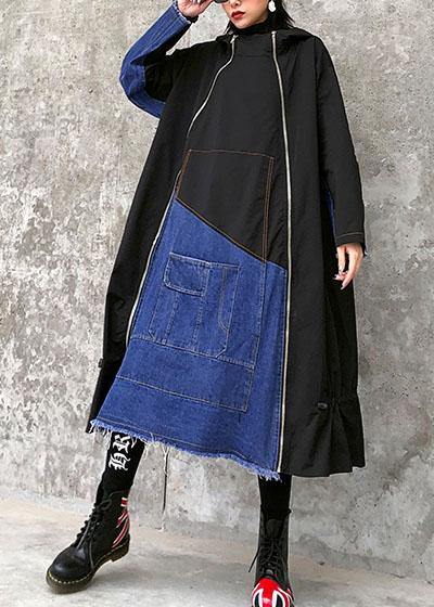 Italian Hooded Zippered Cotton Drawstring Quilting Clothes Runway Black a Line Dress