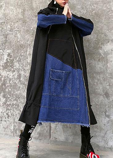 Italian Hooded Zippered Cotton Drawstring Quilting Clothes Runway Black a Line Dress