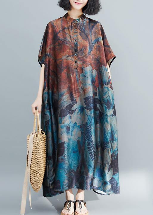Italian Khaki Print Tunic Stand Collar Long Summer Dresses