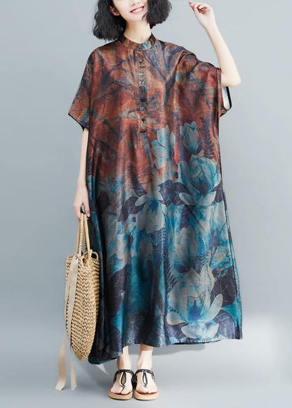 Italian Khaki Print Tunic Stand Collar Long Summer Dresses