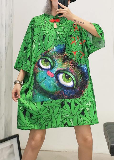 Italian Lapel Half Sleeve Cotton Clothes Runway Green Print Dress Summer