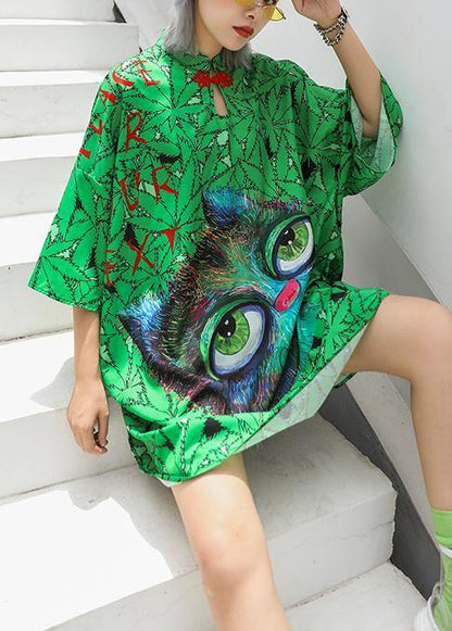 Italian Lapel Half Sleeve Cotton Clothes Runway Green Print Dress Summer