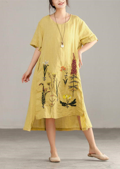 Italian Linen Cotton Dresses Printing Irregular Short Sleeve Yellow Dress
