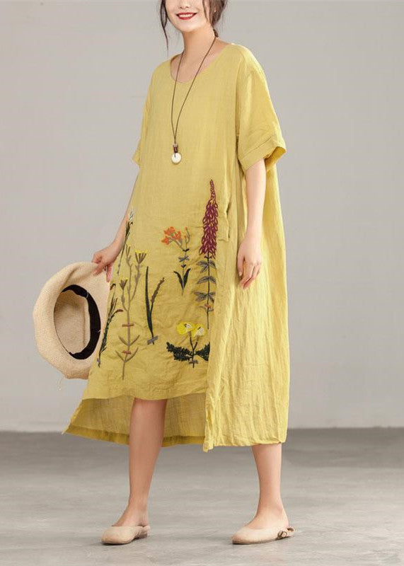 Italian Linen Cotton Dresses Printing Irregular Short Sleeve Yellow Dress