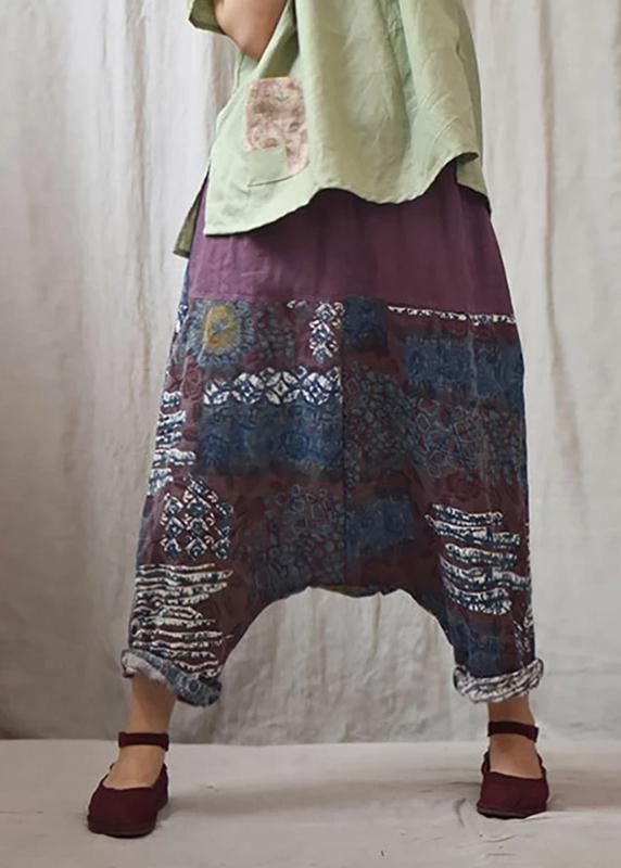 Italian Linen Trousers Printed Low Crotch Harem Pants