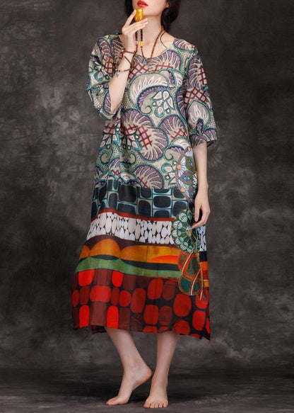Italian Multicolor Linen Clothes O Neck Pockets Kaftan Summer Dress