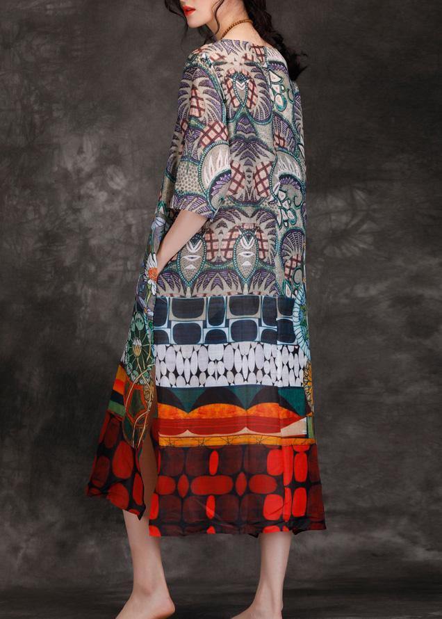 Italian Multicolor Linen Clothes O Neck Pockets Kaftan Summer Dress