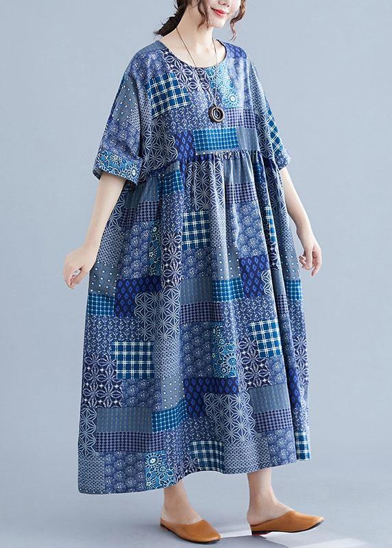 Italian Navy Plaid Linen Cotton Clothes for O Neck Cinched Cotton Dress