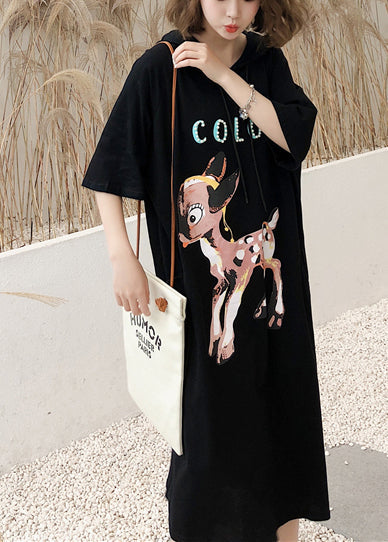 Italian O Neck Half Sleeve Cotton Tunics Fitted Fabrics Black Print Robe Dresses Summer