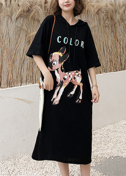 Italian O Neck Half Sleeve Cotton Tunics Fitted Fabrics Black Print Robe Dresses Summer