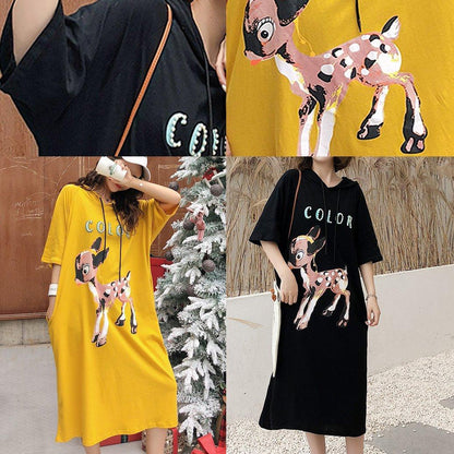 Italian O Neck Half Sleeve Cotton Tunics Fitted Fabrics Black Print Robe Dresses Summer