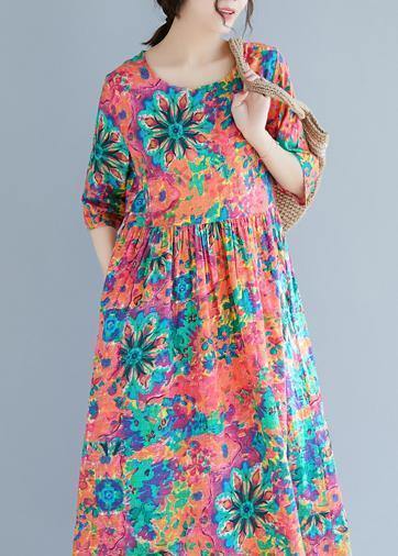 Italian O Neck Half Sleeve Cotton Tunics for Metropolitan Museum Fabrics Red Print Dress Summer