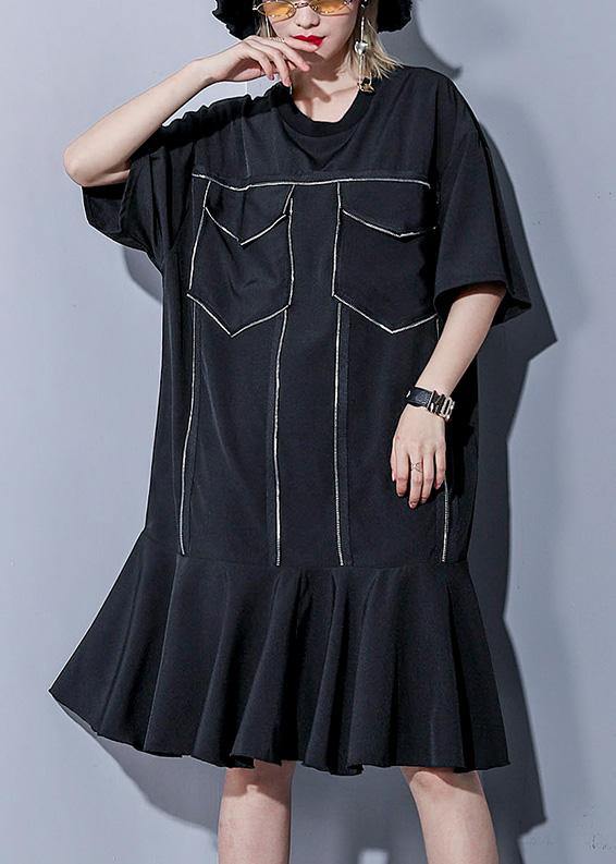 Italian O Neck Ruffles Silk Cotton Dresses Wardrobes Black Baggy Dress Summer