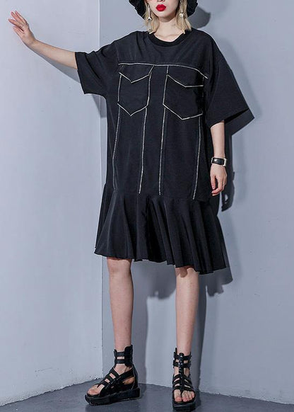 Italian O Neck Ruffles Silk Cotton Dresses Wardrobes Black Baggy Dress Summer